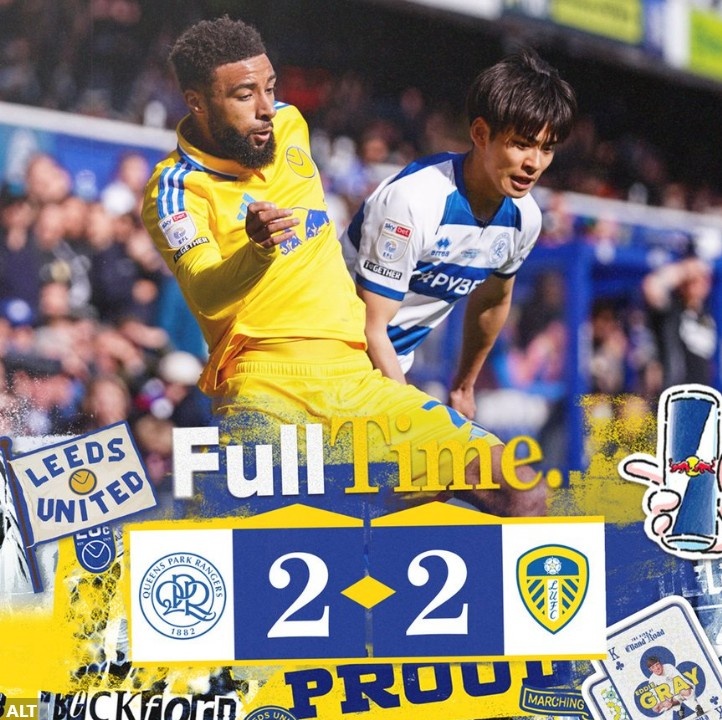 英冠榜首利茲聯連追兩球2-2戰平QPR，近4輪僅1勝領先優勢縮小